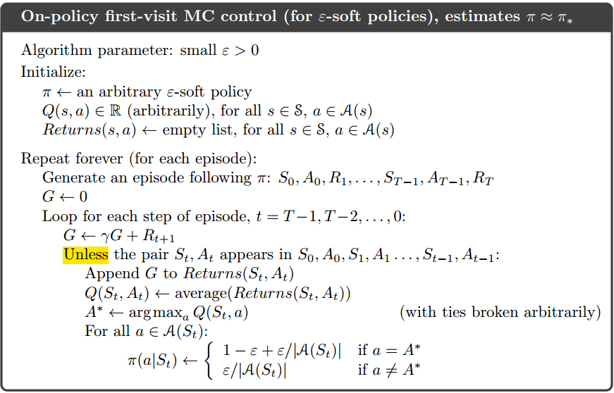 On-policy first-visit MC control (for $\epsilon-soft$ policies)
